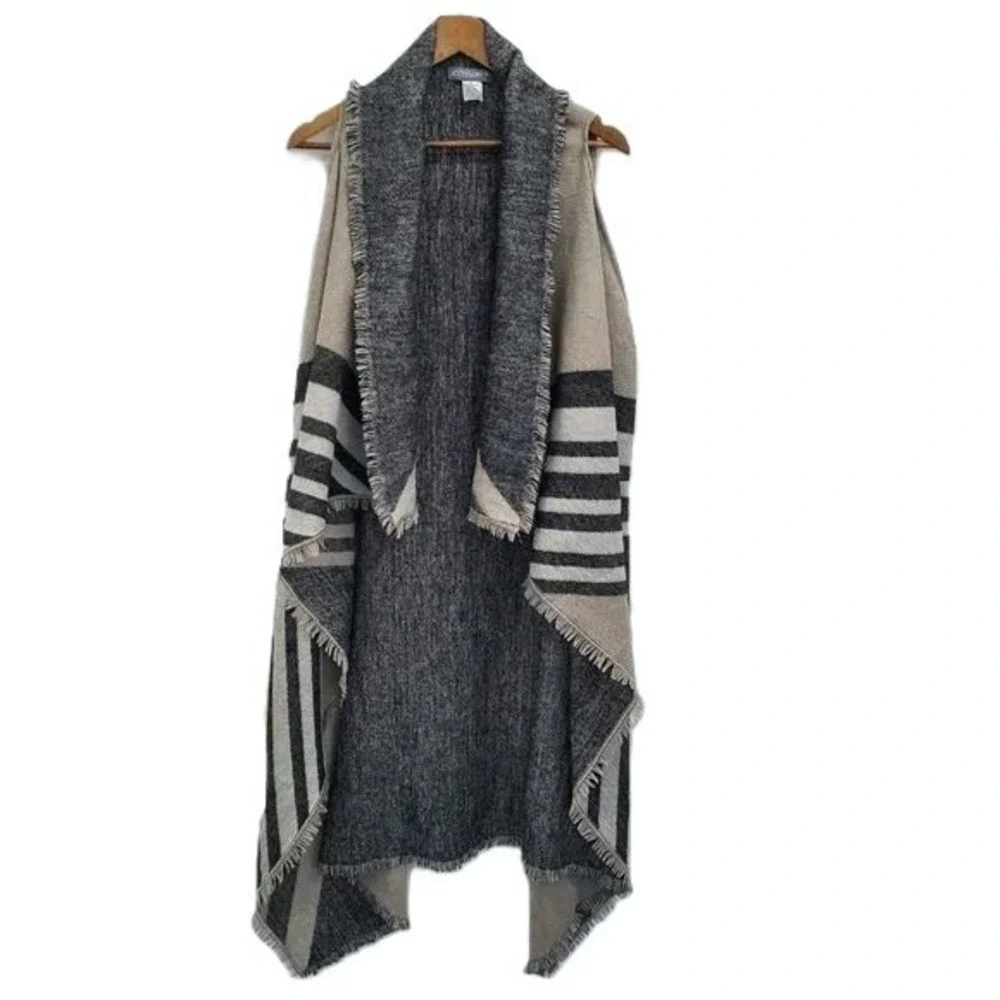 Accessory St Womens One Size‎ Gray Striped Fringe Open Front Cardigan Vest